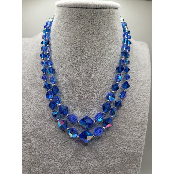 Vintage Blue Crystal AB Bead Double Strand Necklace 1950s Adjustable - Picture 1 of 6